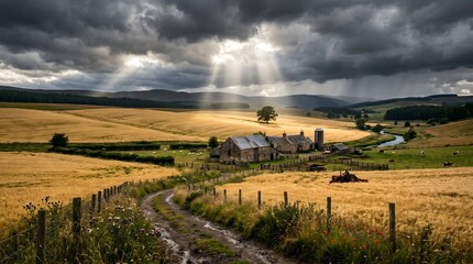 Fototapeta premium Sunlight breaking through storm clouds over a scenic countryside farm