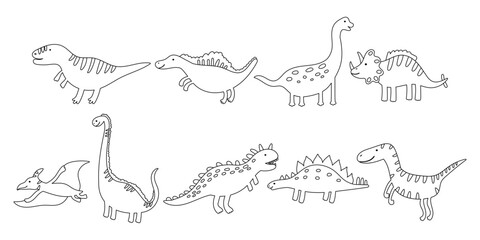 Outline Cute Dinosaur Set Clipart. Line Dino Animal Kit. Doodle Dinosaur Collection for Color Page Book. Vector Handdrawn Illustration © Anna Drozdova