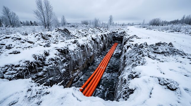 Orange plastic pipes laid in a deep trench during a cold snowy winter day.