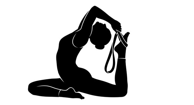 Minimalist black silhouette vector illustration of a female yoga practitioner performing Eka Pada Rajakapotasana or King Pigeon pose using a yoga strap isolated on white background.