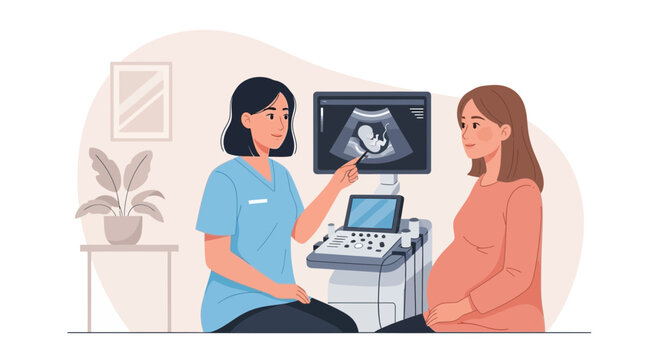 Doctor shows pregnant woman ultrasound image of baby