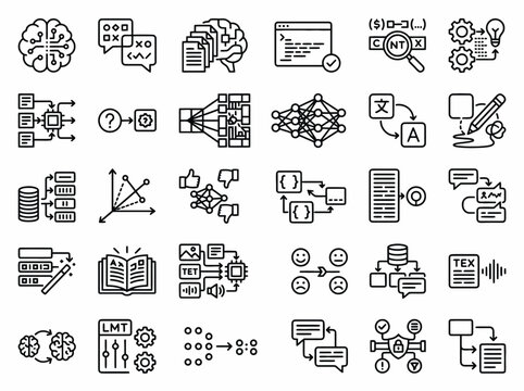 Modern collection of artificial intelligence, machine learning, and neural network icons showcasing data science, algorithms, and futuristic technology concepts in sleek black and white vector style
