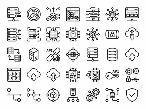 Modern collection of detailed server, cloud, and api icons illustrating network infrastructure, data transfer, and web development concepts in sleek line art style