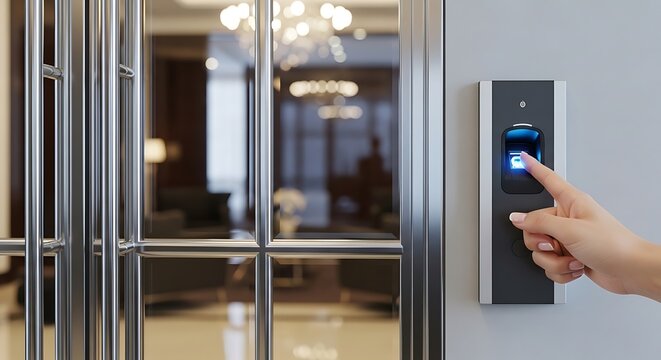 Close up of a human finger accessing a modern biometric security scanner mounted on an office wall for secure building entry