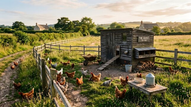 Idyllic scene of free-range chickens enjoying the countryside near a traditional wooden chicken coop