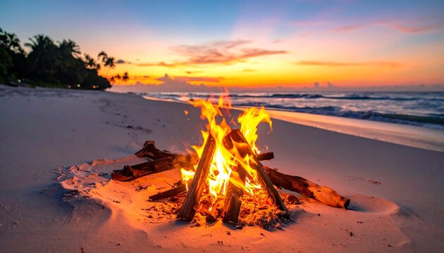 Bonfire on beach at sunset flames burning bright against golden sky