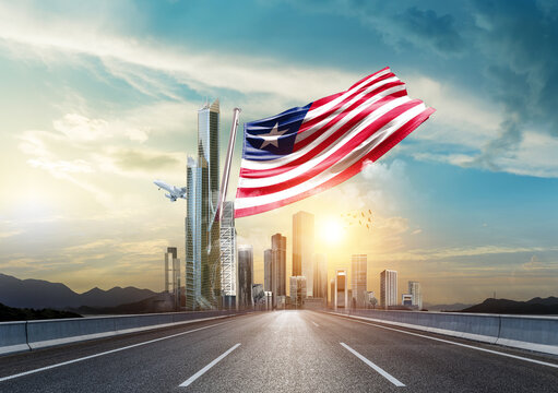 Liberia  flag waving with modern and developed landscape. Liberia national flag for independence day.