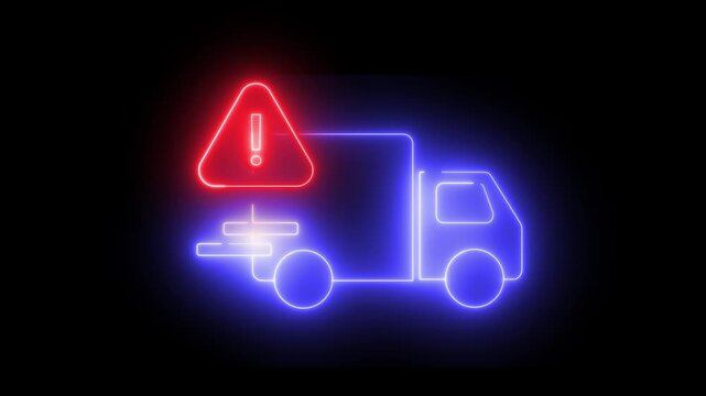 Neon light effect animation of a truck icon with a red warning sign. Represents caution or danger during delivery. Suitable for logistics, security, or transportation themes.