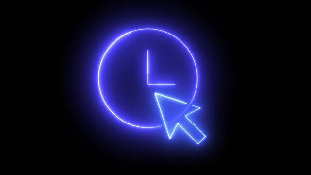 Neon light effect animation of a cursor icon clicking on a glowing clock. Digital time management concept.