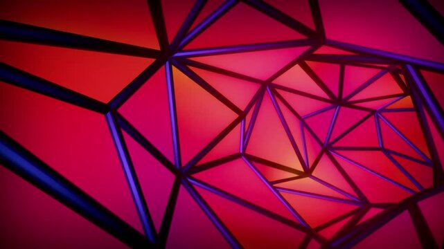 The structure's frame shimmers in dark blue and metallic purple, while the interior backdrop glows with a bright neon gradient of cherry red, warm orange, and pink.