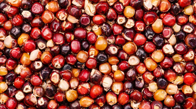 Texture of organic heirloom gem corn kernels in shades of red and gold.