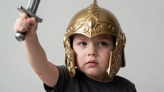 Young Boy in Golden Knight Helmet Looking Forward in a Studio Setting for Historical or Fantasy Concept