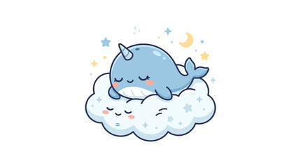 Cute Narwhal Sleeping on Cloud, Kawaii, Baby Animal, Dreamy Sky © intan
