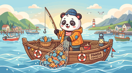 Cute panda fishing on boat, colorful harbor scene, happy catch © intan