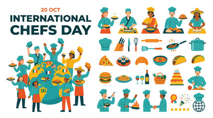 Naklejka premium International Chefs Day vector set, professional cook characters and kitchen equipment icons, diverse culinary experts with global food illustrations