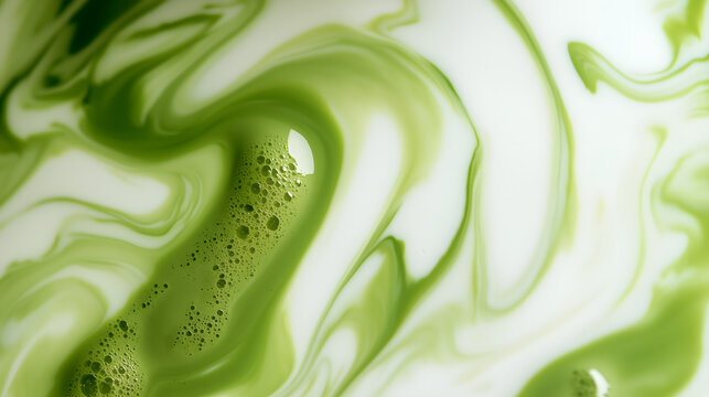 Abstract background of swirling matcha green tea mixed with creamy white milk.