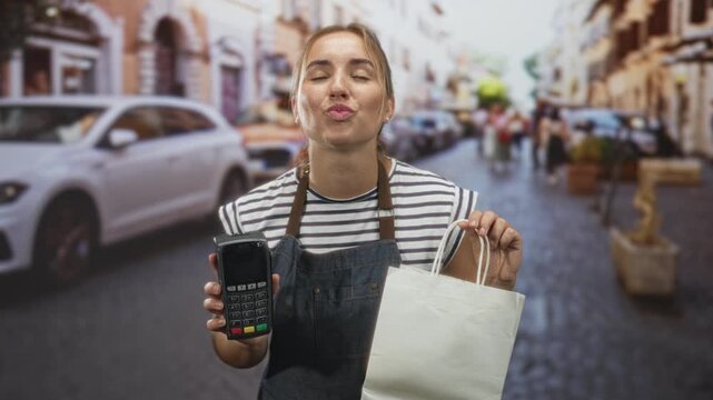 Woman holding a dataphone and paper bag, puckers lips while wearing apron on a street with storefronts and cars; cheerful small business.