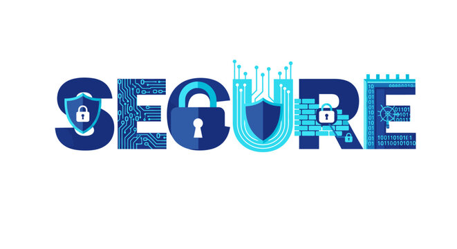 Secure word conceptualized with cybersecurity icons and digital motifs