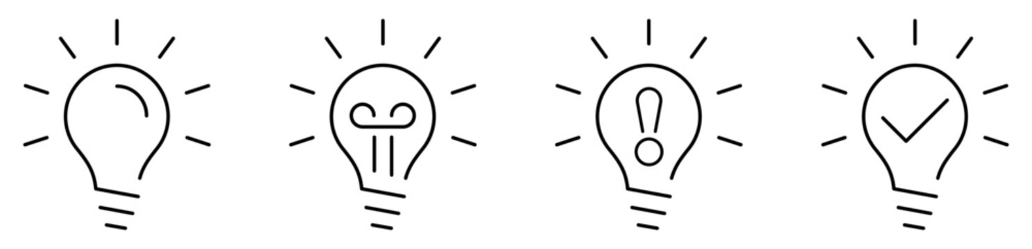 Light bulb idea line icon set. Creative thinking, innovation solution, insight and inspiration outline symbols. Editable stroke vector.