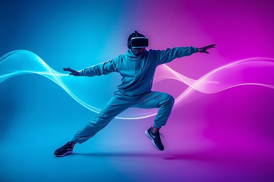 Person jumping in neon lighting wearing a vr headset against a blue and purple split background with background technology simulation experience interactive movement performance electronic