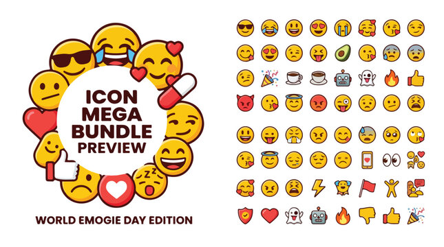 Emoji mega bundle preview with 72 icons, yellow smiley face collection for world emogie day, flat vector character set for social media