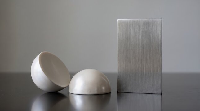 Minimalist abstract composition featuring smooth white hemispheres and a textured metallic rectangular panel on a flat surface