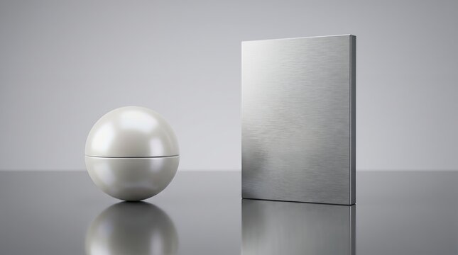A sleek silver sphere and rectangular block stand side by side on a reflective surface in a minimalist composition