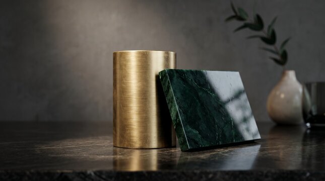 A minimalist interior scene featuring a reflective gold cylinder vase beside a green marble bookend on a dark surface