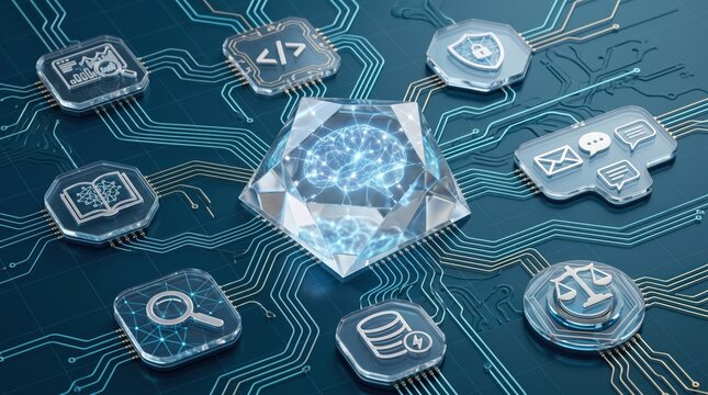 Abstract artificial intelligence brain chip on circuit board with technology icons representing coding and security