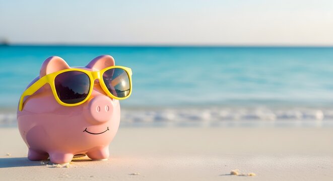 Piggy Bank Wearing Sunglasses Enjoying a Relaxing Sunny Vacation on a Sandy Tropical Beach