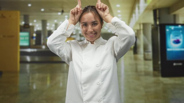 Woman cook points index fingers to head in horns gesture at an airport terminal wearing chef coat and smiling; playful mischief.