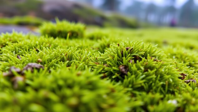 Close-up Macro View of Lush Green Moss Carpet on Forest Floor.