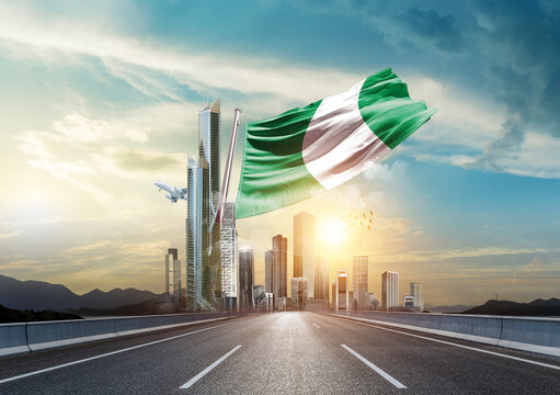 Nigeria flag waving with modern and developed landscape. Nigeria national flag for independence day.