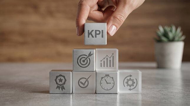 Hand placing KPI block on pyramid of business metrics icons, key performance indicators and strategic management concept