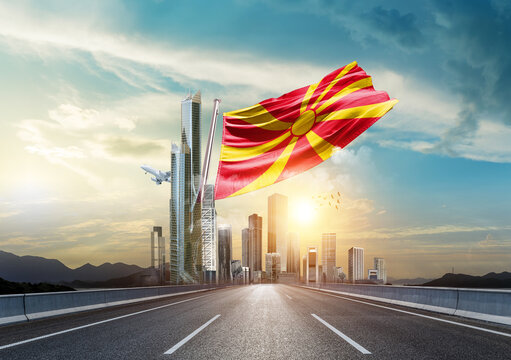 North Macedonia flag waving with modern and developed landscape. North Macedonia national flag for independence day.