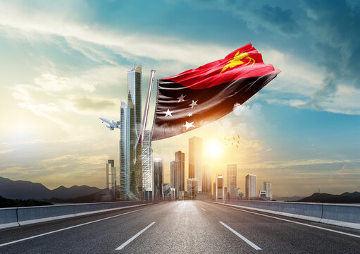 Papua New Guinea flag waving with modern and developed landscape. Papua New Guinea national flag for independence day.