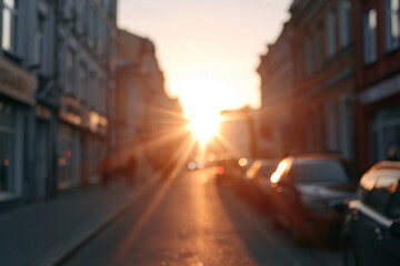 Obraz premium Golden sun dips behind city buildings. Soft glow bathes wet streets, casting long shadows. Cars line sidewalk, blurred in warm haze. Faint silhouettes move, lost in twilight's embrace