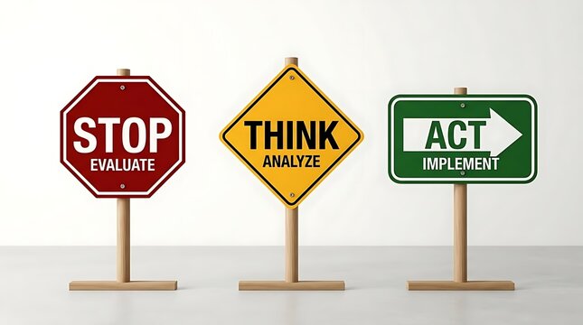 Stop think act conceptual signs for evaluation analysis and implementation workflow in business strategy and project management