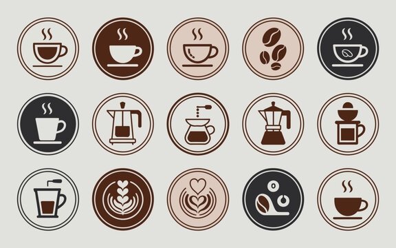 A collection of coffee icons featuring various brewing methods and cup designs.