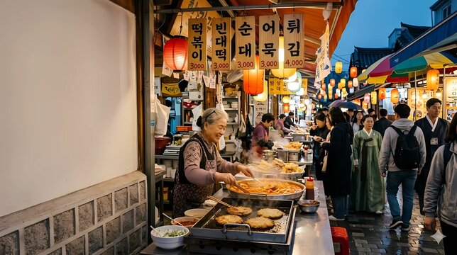 Vibrant night market scene in Seoul with authentic Korean local food vendor