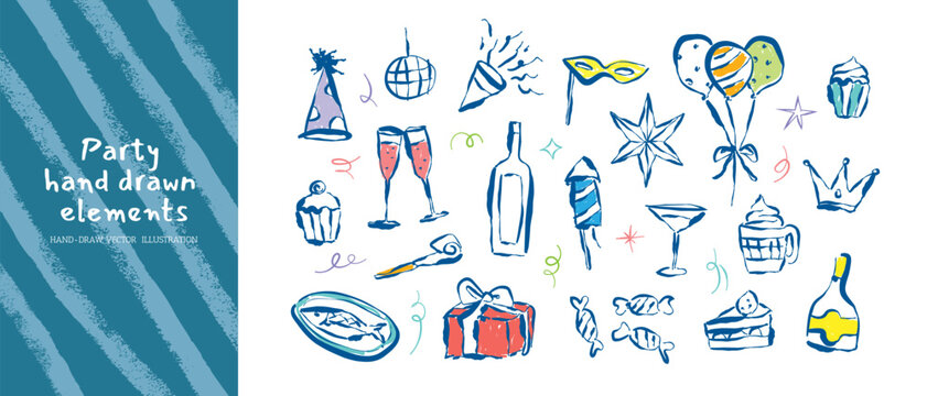 Hand-drawn party doddle elements set, Whimsical drawings Celebration Icons, Balloons, Gifts, Drinks and Desserts, sketches for party, new year, celebration , posters, invitation cards