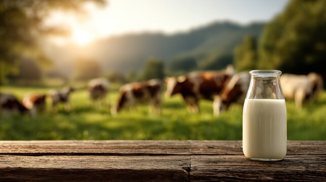 Fresh milk in glass bottle on rustic wooden fence with grazing cows at sunrise