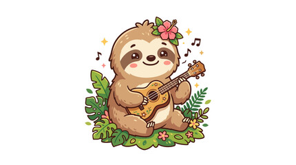 Fototapeta premium Cute Sloth Playing Ukulele with Flowers and Music Notes