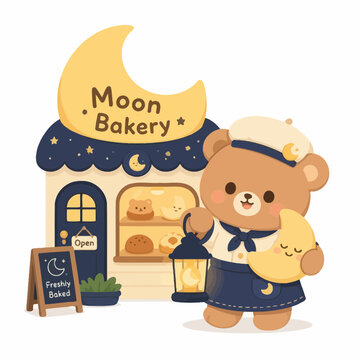 Cute bear baker character standing outside Moon Bakery shop.