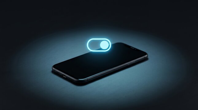 A smartphone with a glowing power button toggle switch floating above it in a dark setting.