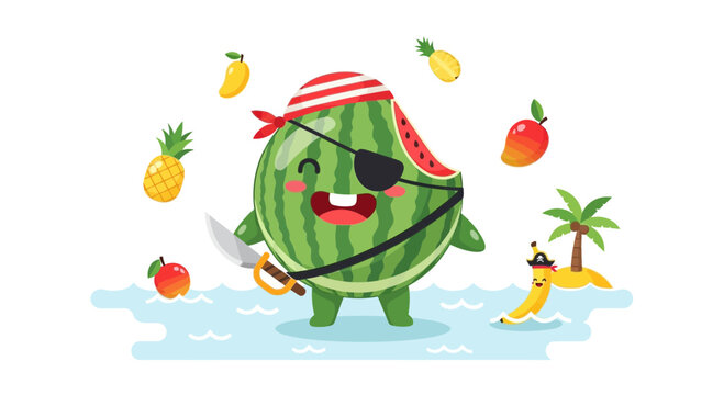 Cute Watermelon Pirate with Fruits in Tropical Ocean