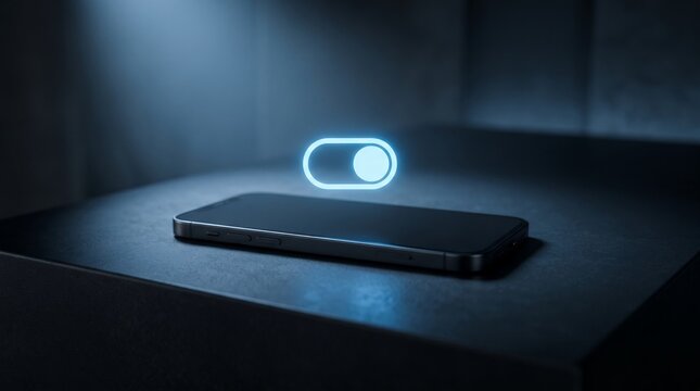 A futuristic smartphone displays a glowing power button switch floating above it in a dimly lit setting.