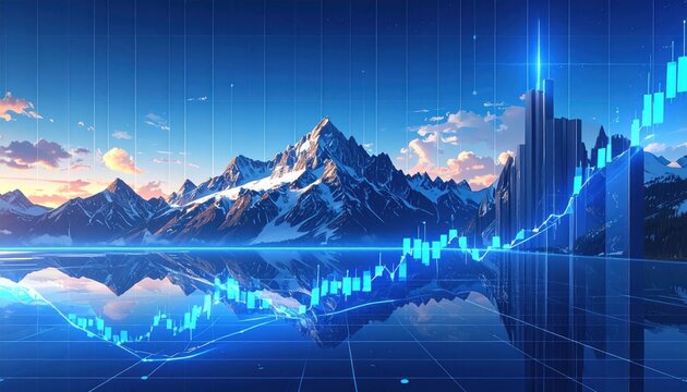 Financial Market Graph Over Snowy Mountains and Reflecting Lake