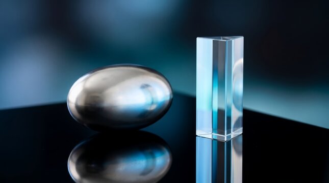 A reflective chrome sphere and a glowing blue rectangular prism rest on a sleek dark surface creating a modern minimalist composition