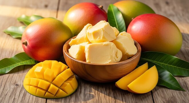 Fresh ripe mango slices and pieces in a wooden bowl on a rustic wooden table. mango butter